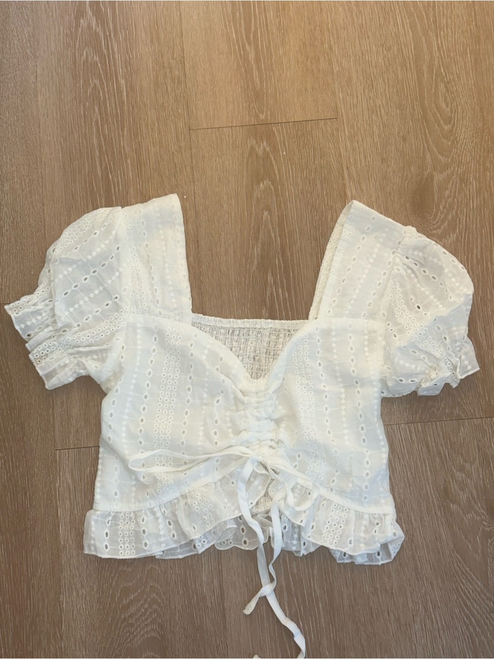 White Eyelet Lace-Up Puff Sleeve Crop Top